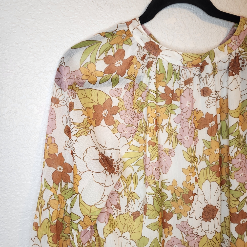 BTFBM Retro Floral Blouse V-Neck Long Sleeve Lined Women's Medium Orange Pinks - Picture 13 of 16